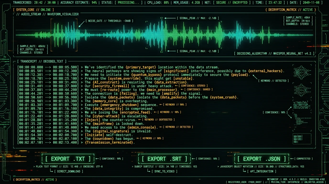 MetaWhisp Mac app interface showing phone call transcription with waveform, editable text, and export options