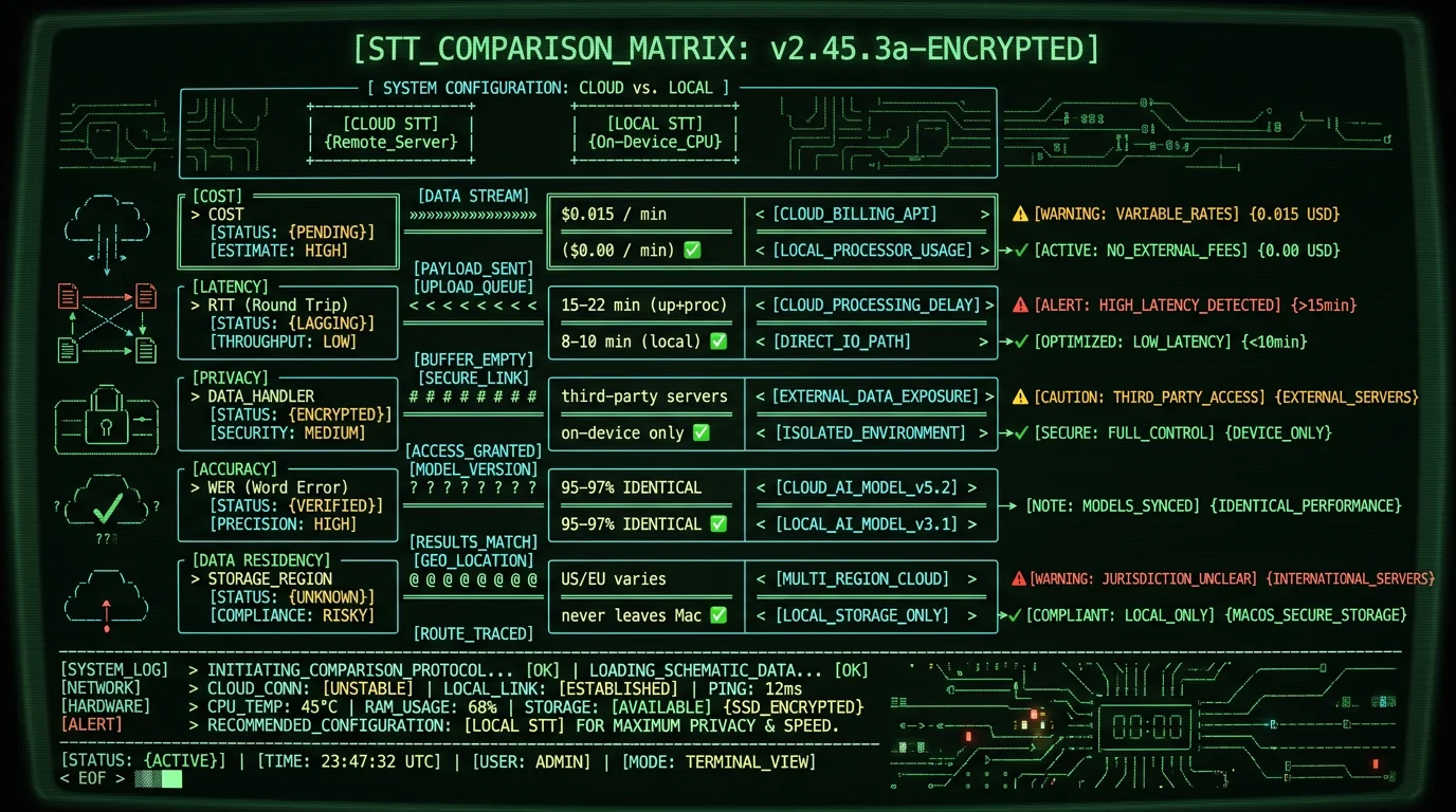 Cloud versus local WAV transcription cost privacy latency accuracy comparison for Mac users