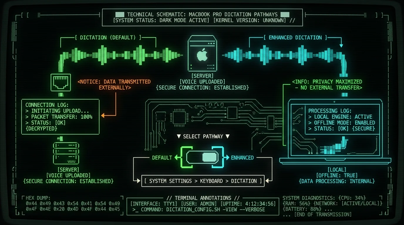 Schematic diagram showing two macOS dictation modes: server upload vs offline on-device processing
