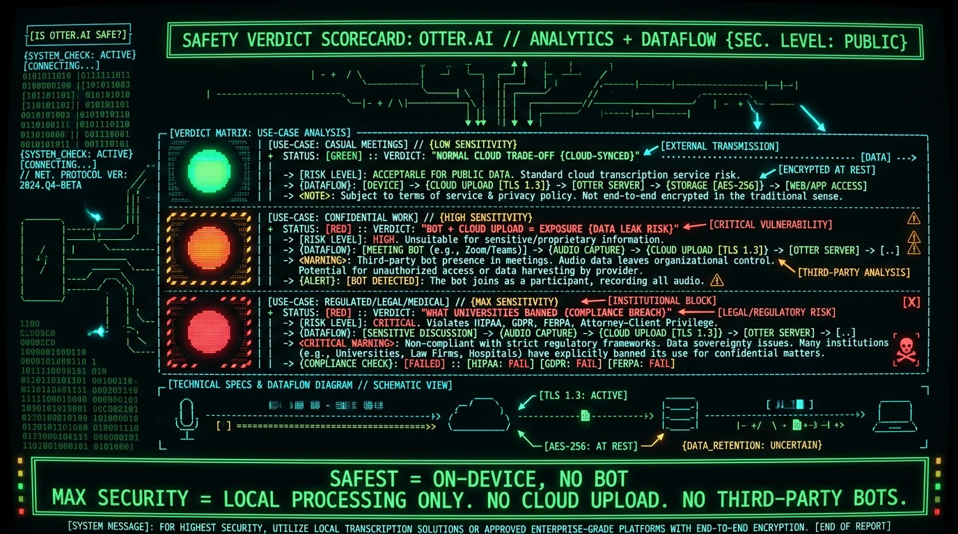 Otter.ai safety scorecard showing normal for casual meetings but risky for confidential and regulated work with on-device no-bot as the safest option