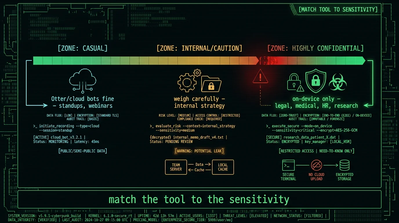 Diagram matching transcription tool to meeting sensitivity showing cloud tools like Otter for casual meetings and on-device required for legal medical HR and research
