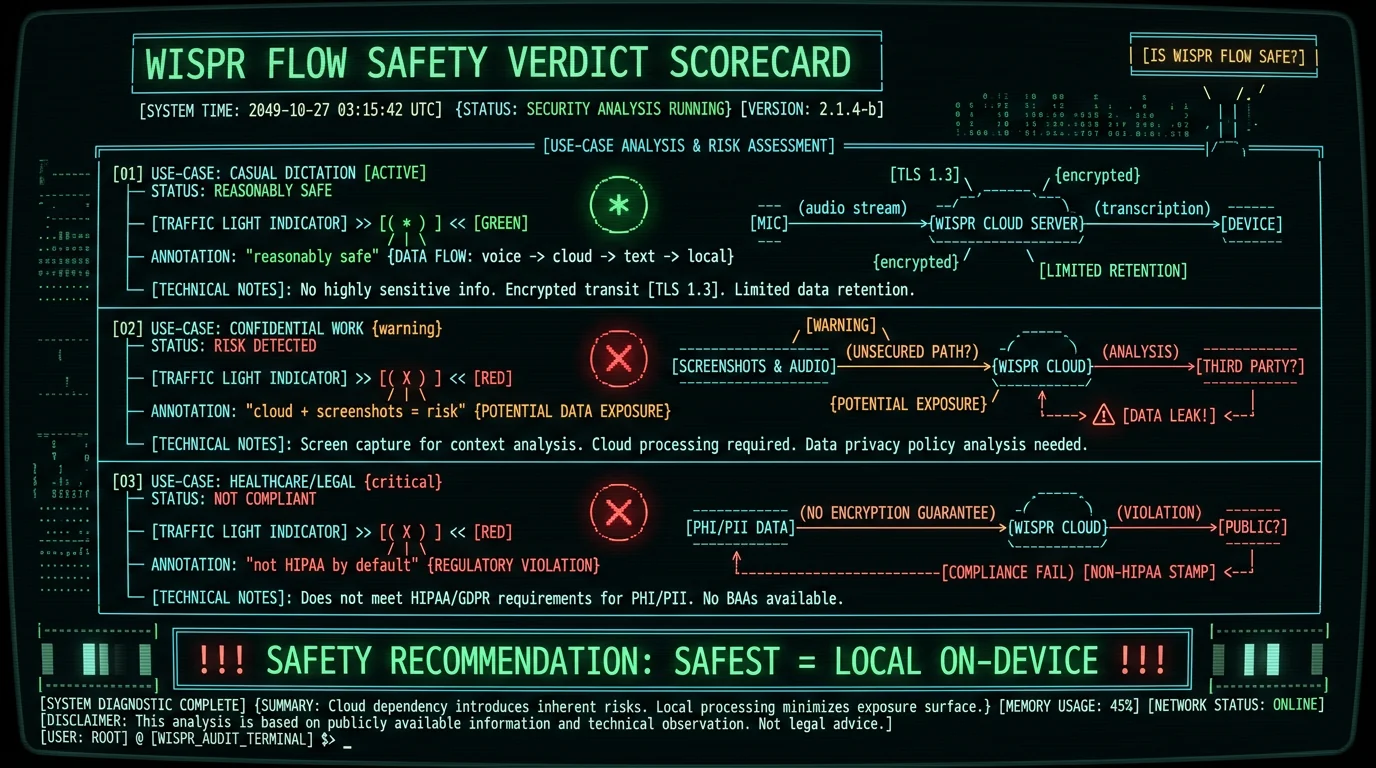 Wispr Flow safety scorecard showing reasonably safe for casual dictation but risky for confidential work and not HIPAA compliant by default with local on-device as safest setup