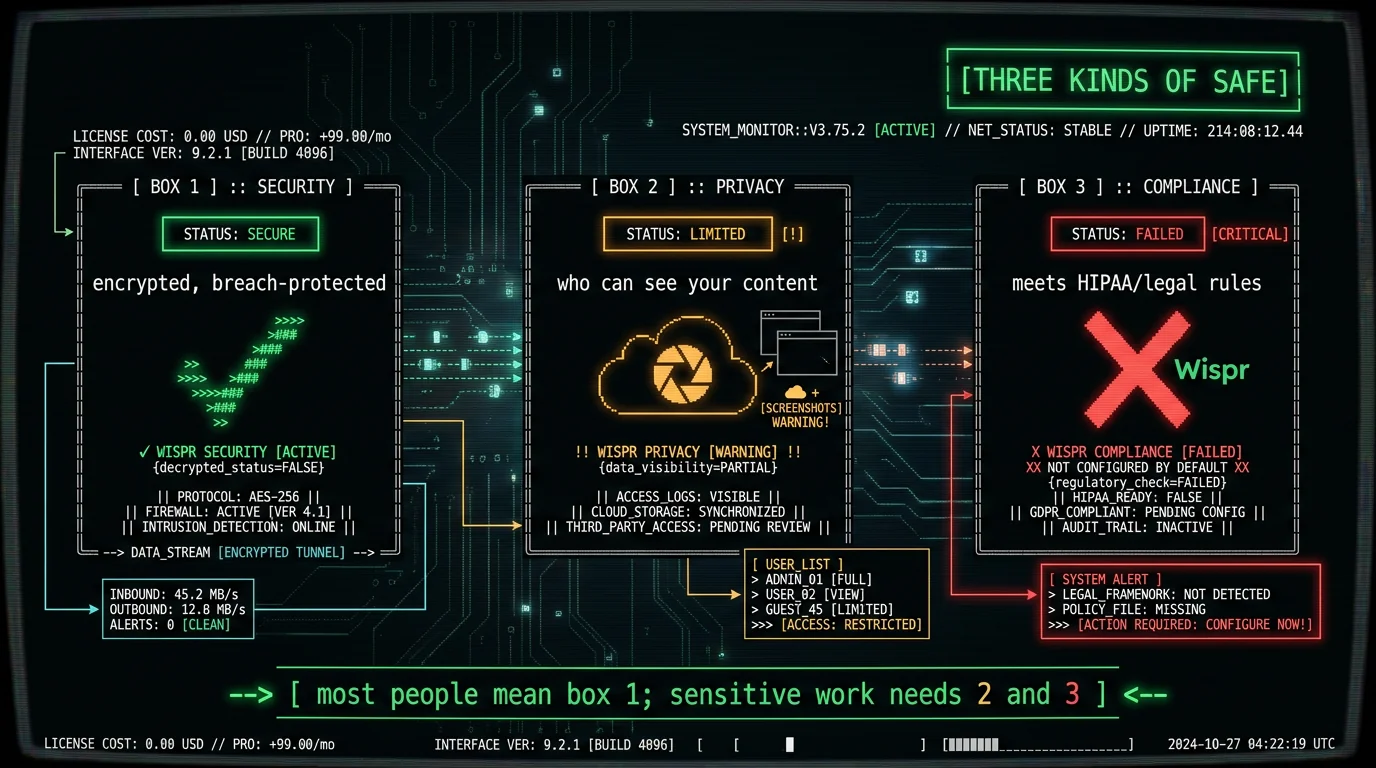 Three kinds of safe for dictation apps security privacy and compliance showing Wispr Flow passes security but has gaps in privacy and HIPAA compliance