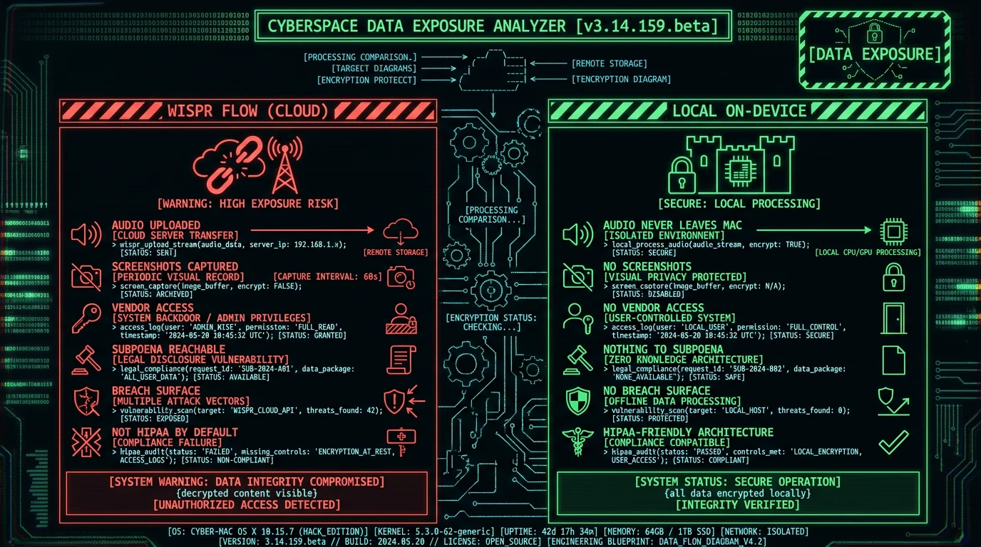 Data exposure comparison showing Wispr Flow cloud uploads audio and screenshots with vendor access versus local on-device transcription where audio never leaves the Mac and is HIPAA friendly