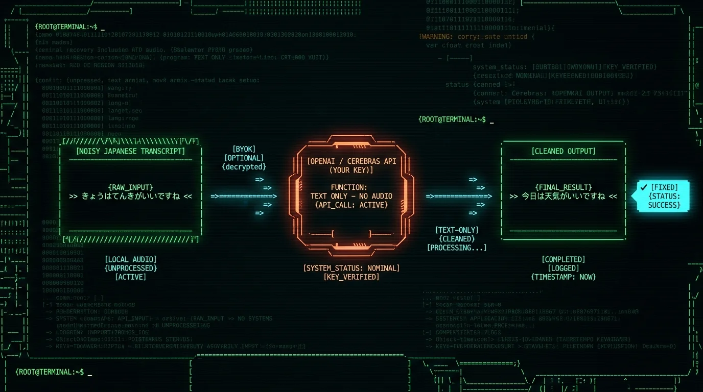 BYOK Correct mode cleaning Japanese transcript through user's own OpenAI API key