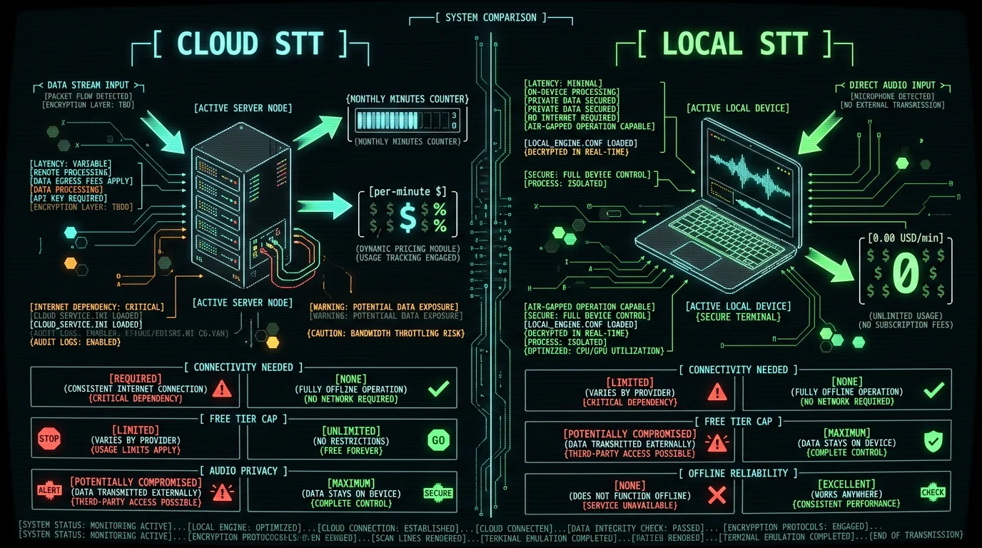 Cloud vs local lecture transcription cost and privacy comparison schematic for Mac students