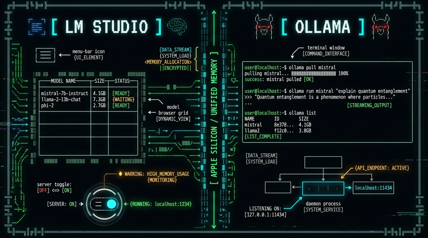 LM Studio vs Ollama on Mac comparison schematic showing menu bar GUI versus CLI daemon on Apple Silicon
