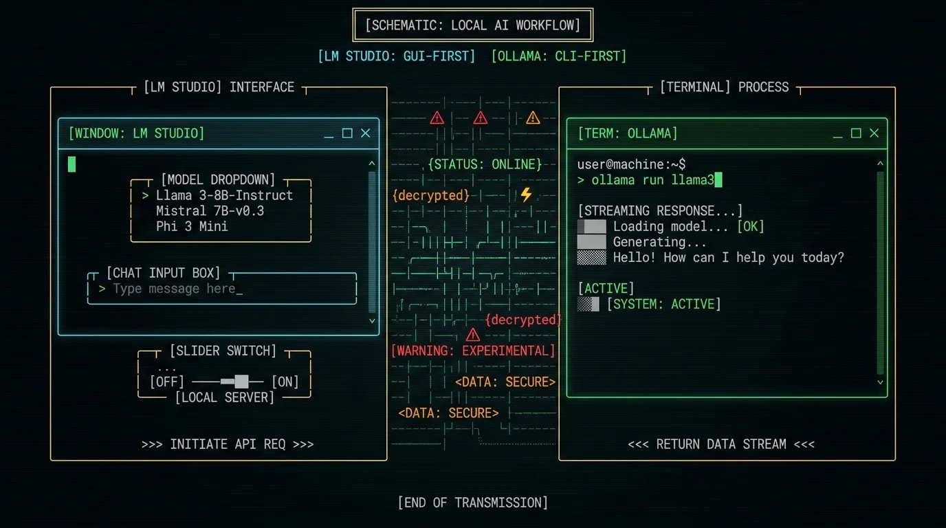 LM Studio vs Ollama workflow comparison on Mac showing GUI menu bar app versus terminal CLI daemon