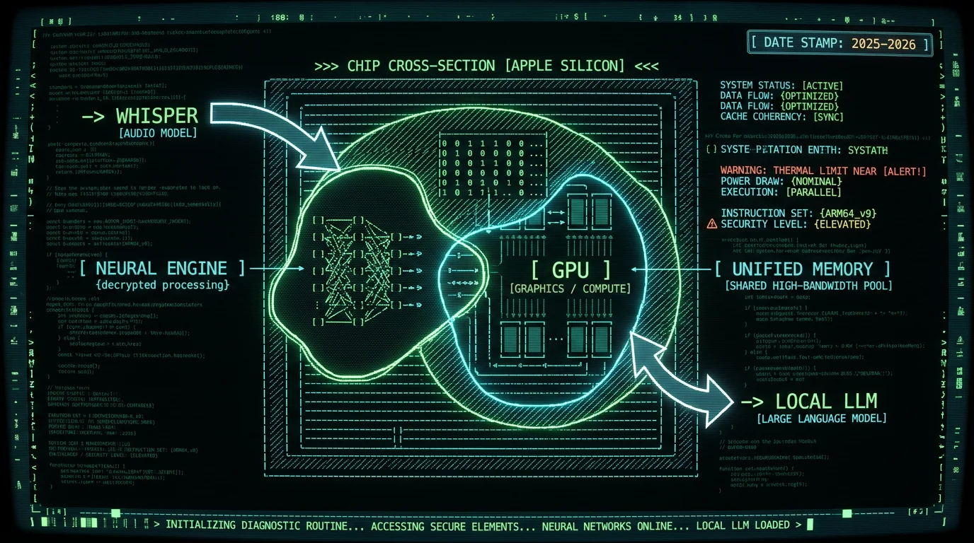Apple Silicon unified memory architecture enabling Whisper plus local LLM on one machine