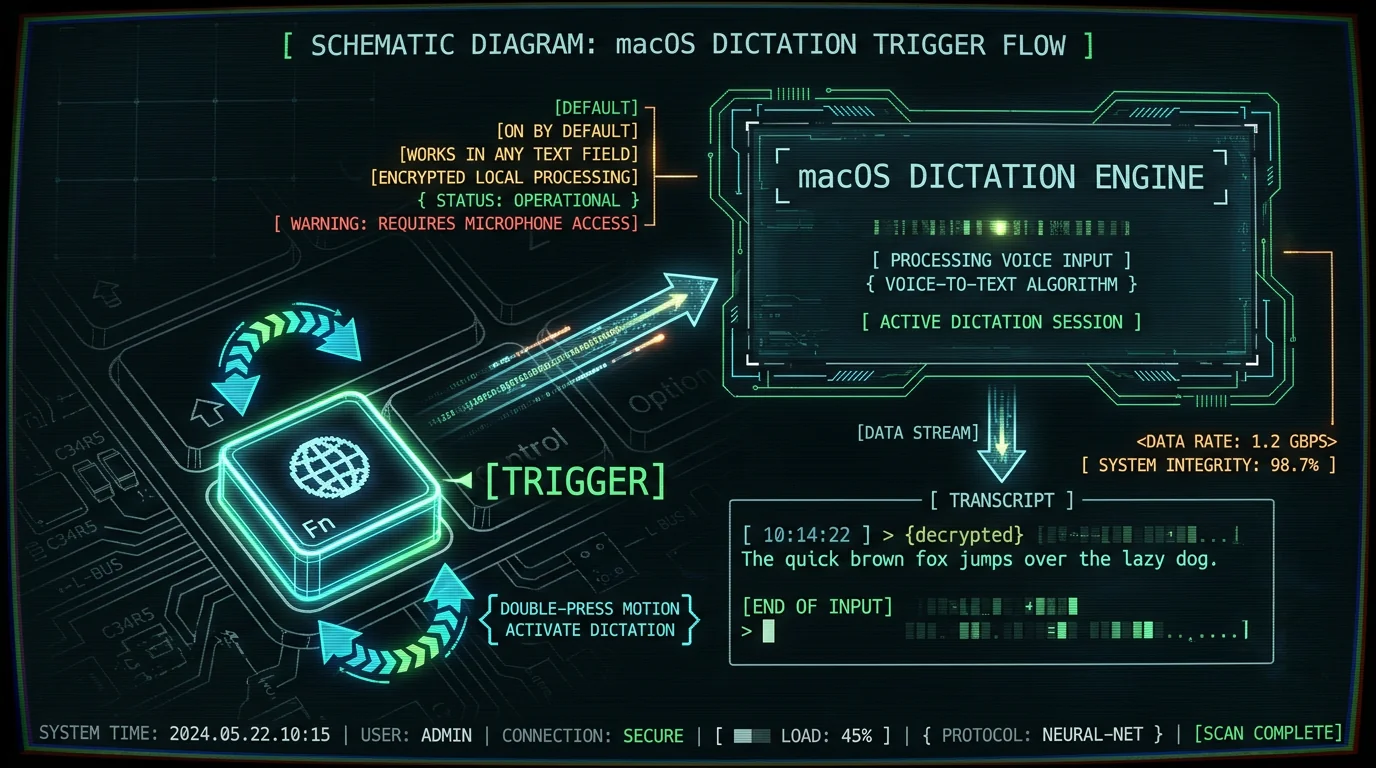 Mac dictation shortcut default double-press of Fn Globe key workflow diagram