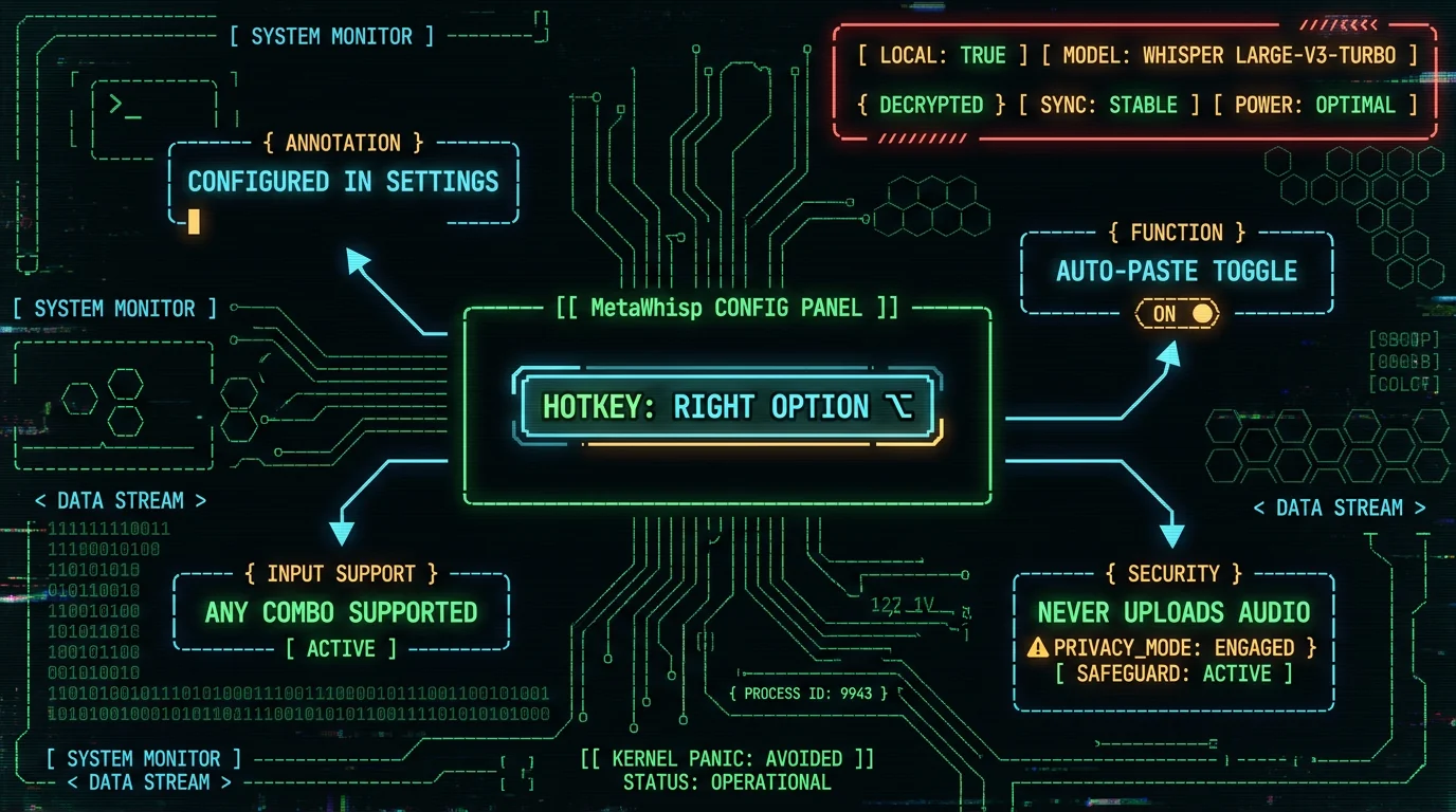 MetaWhisp global hotkey configuration panel schematic showing Right Option default and configurable combo