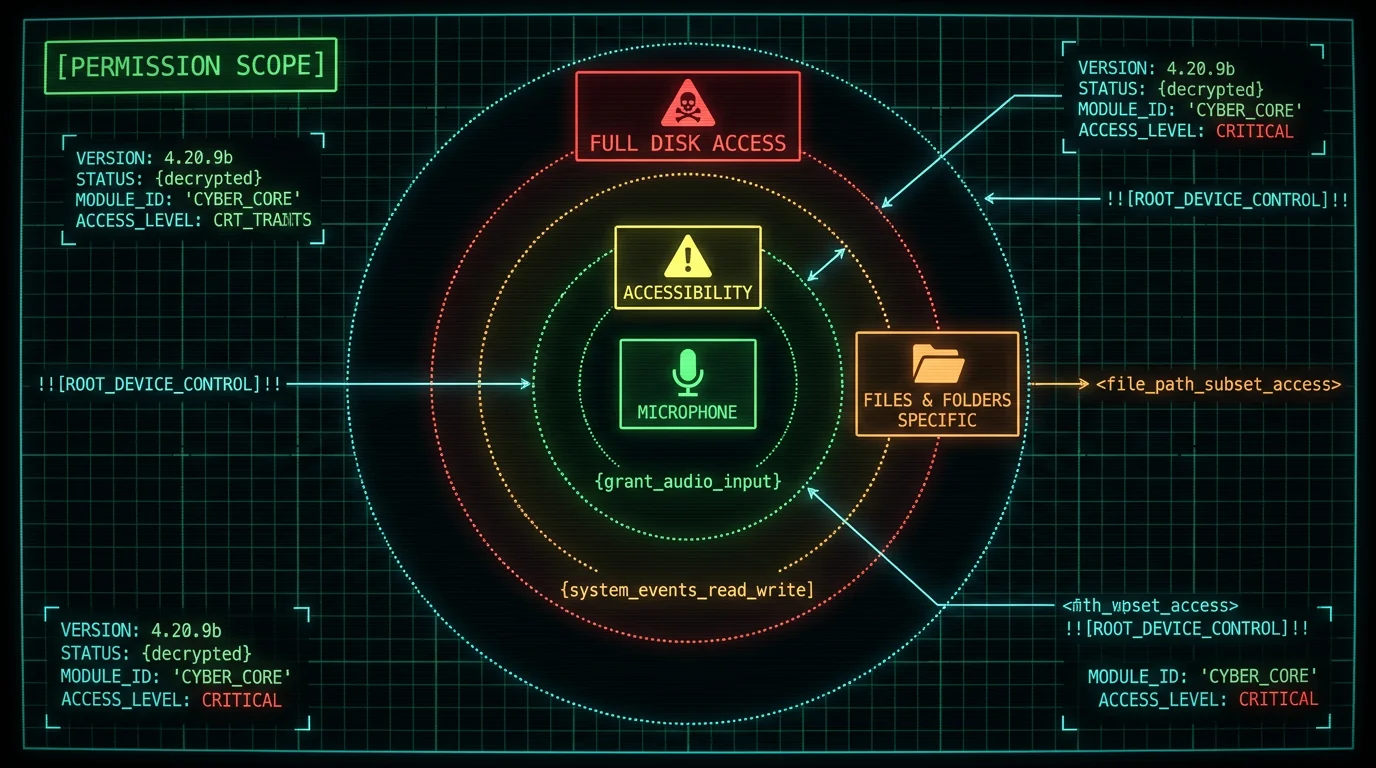 macOS permissions scope diagram showing Microphone Accessibility Files Folders Full Disk Access expanding access levels for voice-to-text Mac apps