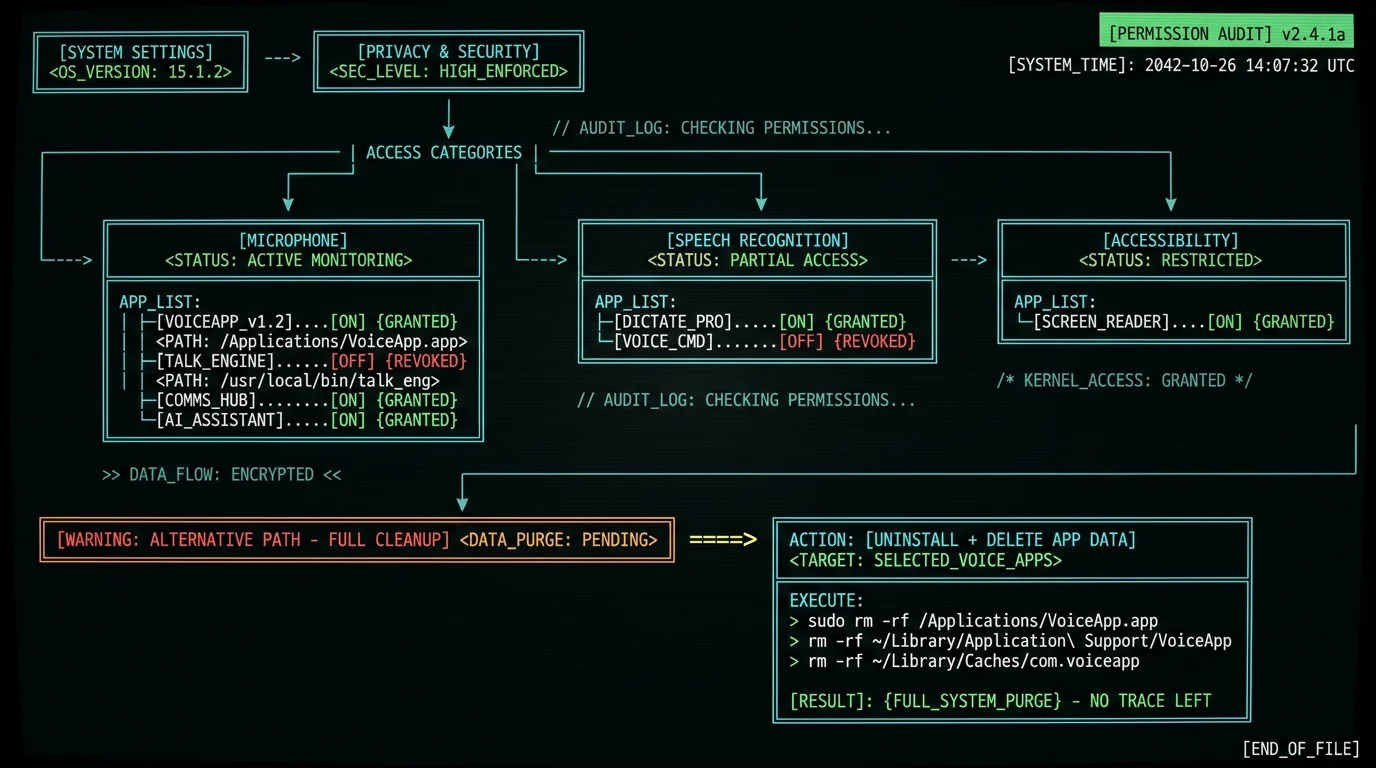 macOS permissions audit workflow diagram for voice-to-text apps showing System Settings navigation and cleanup paths