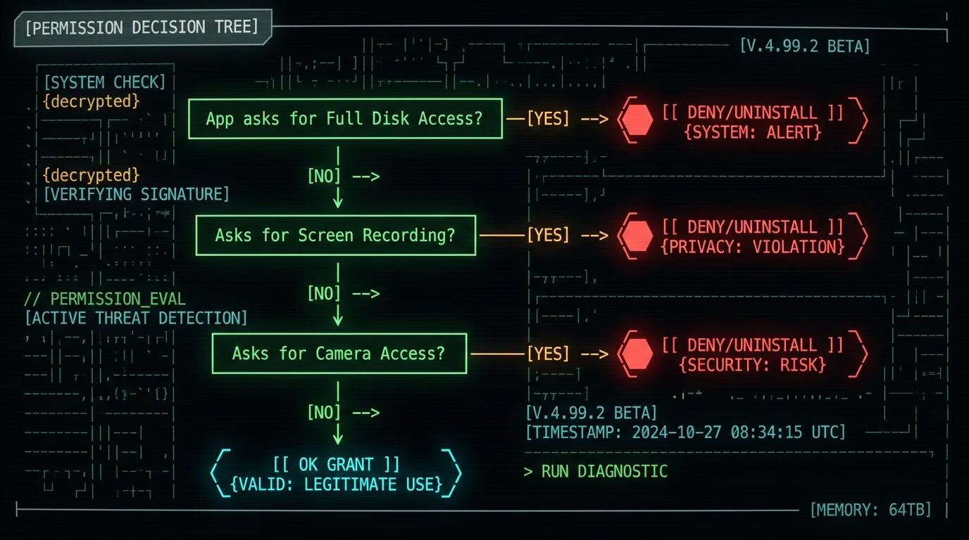 Voice-to-text app permission evaluation decision tree flowchart showing Full Disk Access Screen Recording Camera red flags versus safe Microphone Accessibility grants on Mac