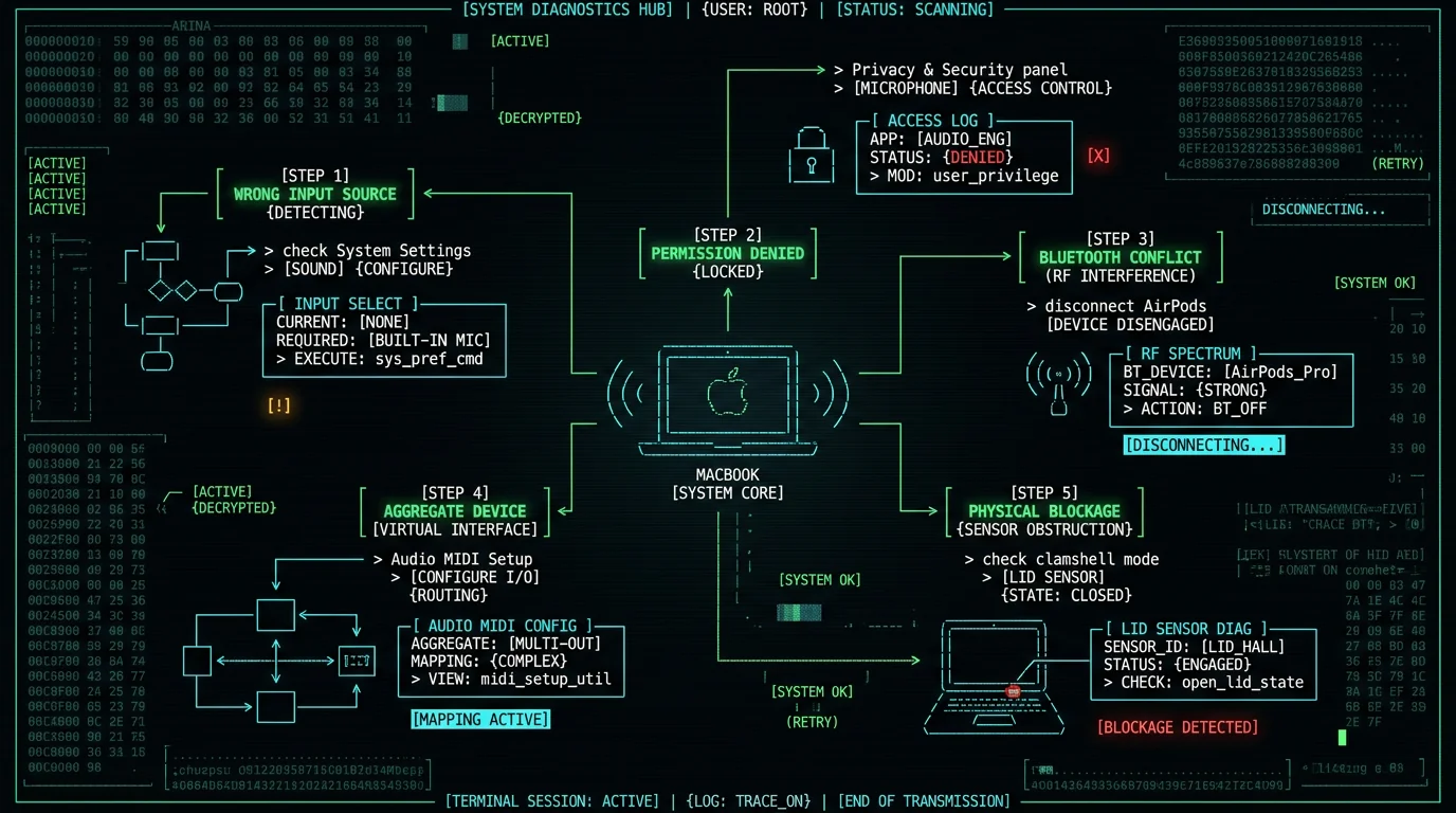 Troubleshooting flowchart for MacBook microphone problems with five diagnostic branches