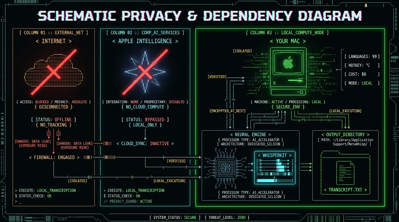 macOS Tahoe dictation Apple Intelligence dependency diagram with on-device Whisper alternative