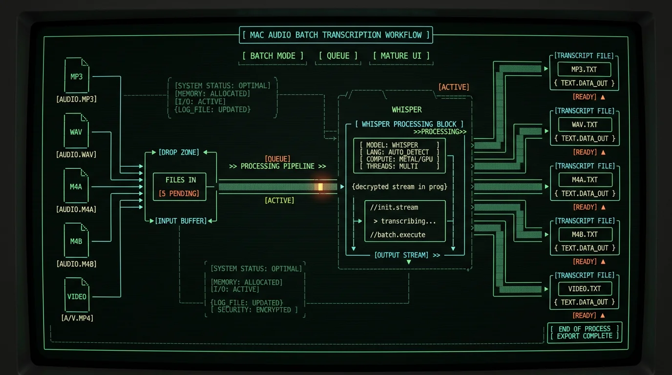 MacWhisper batch audio file transcription workflow schematic with queue and processing block