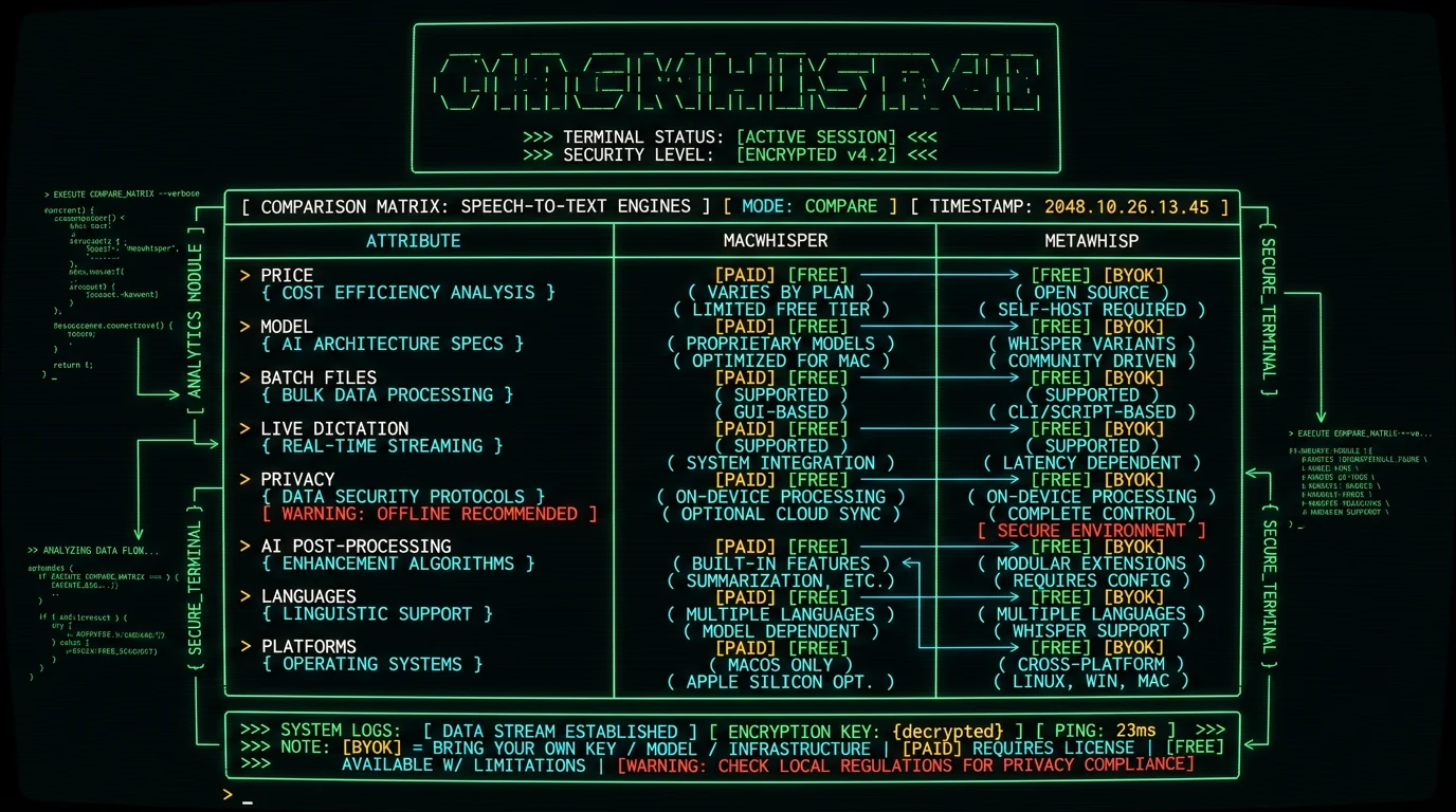 MacWhisper review side-by-side feature matrix with pricing and capability rows versus MetaWhisp