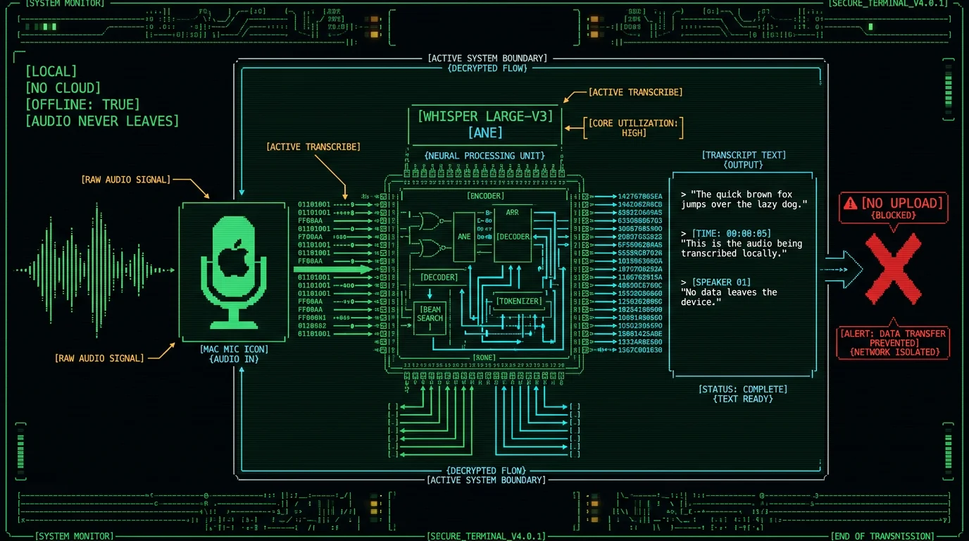 Schematic diagram showing audio staying on device for offline Whisper transcription on Mac Neural Engine