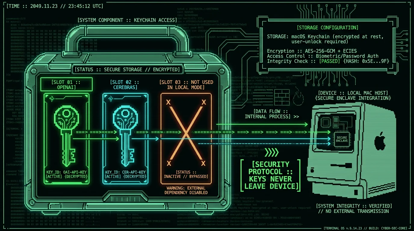 Diagram showing where API keys are stored - in macOS Keychain encrypted at rest on Mac