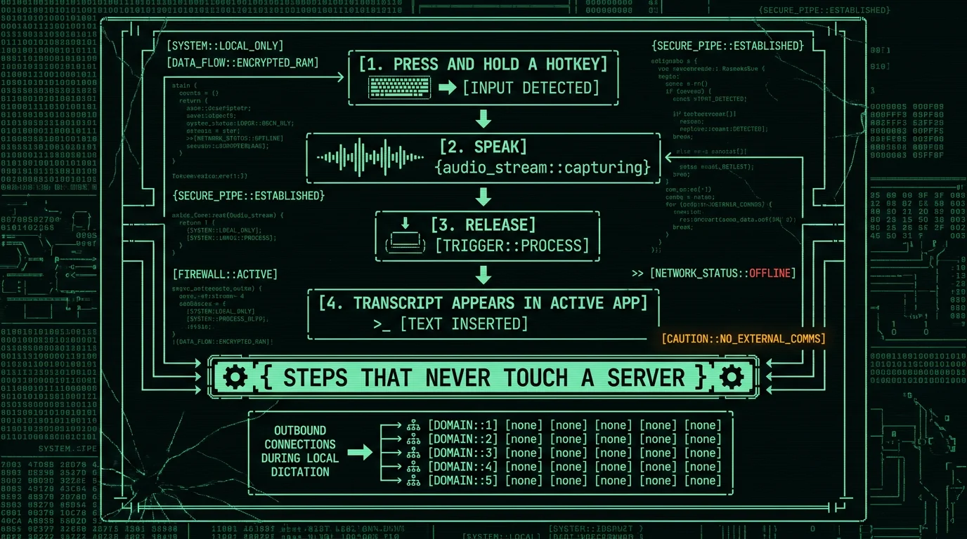 Workflow diagram showing the four-step local dictation flow with no server contact
