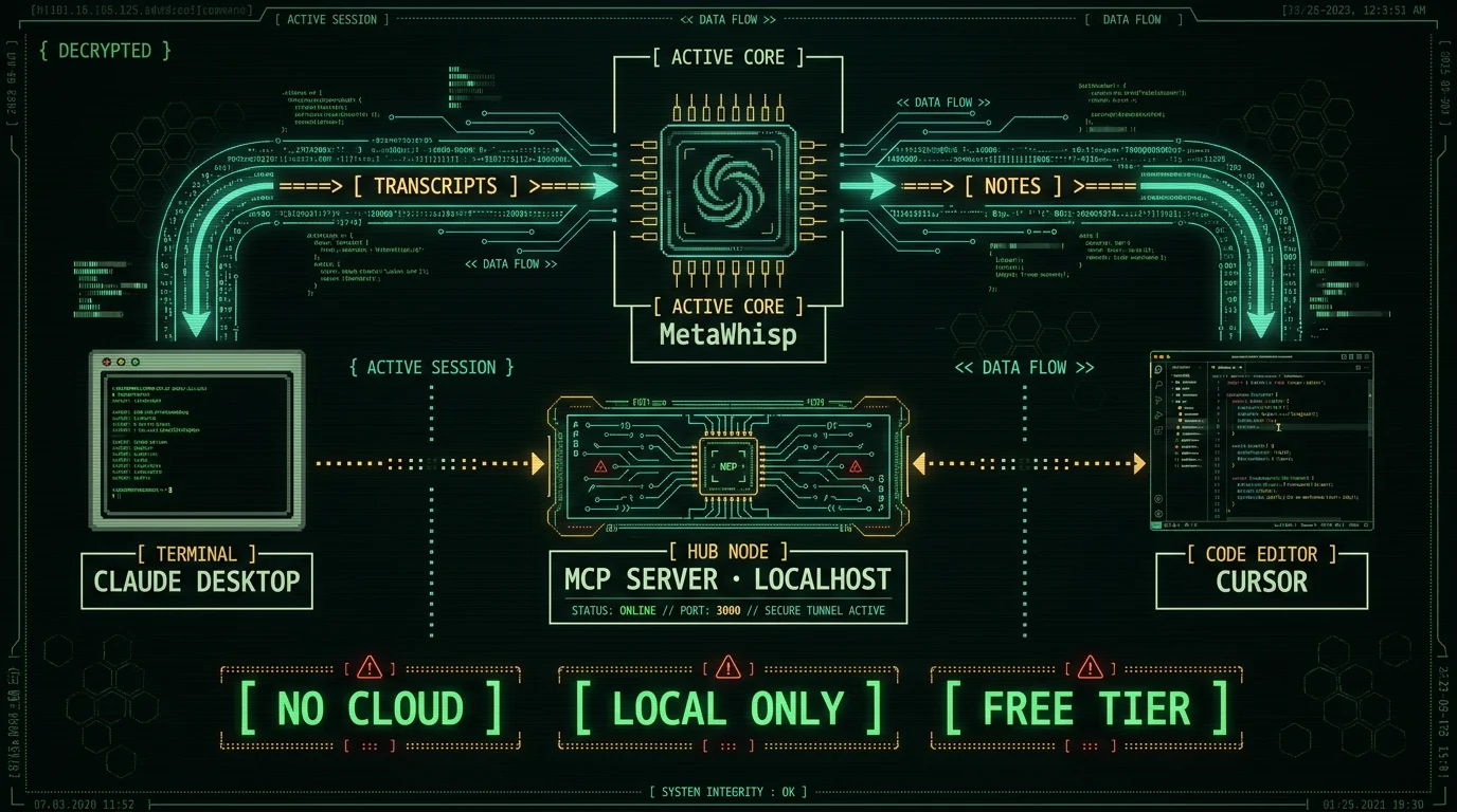 MetaWhisp MCP server architecture diagram connecting Claude Desktop and Cursor to local transcripts