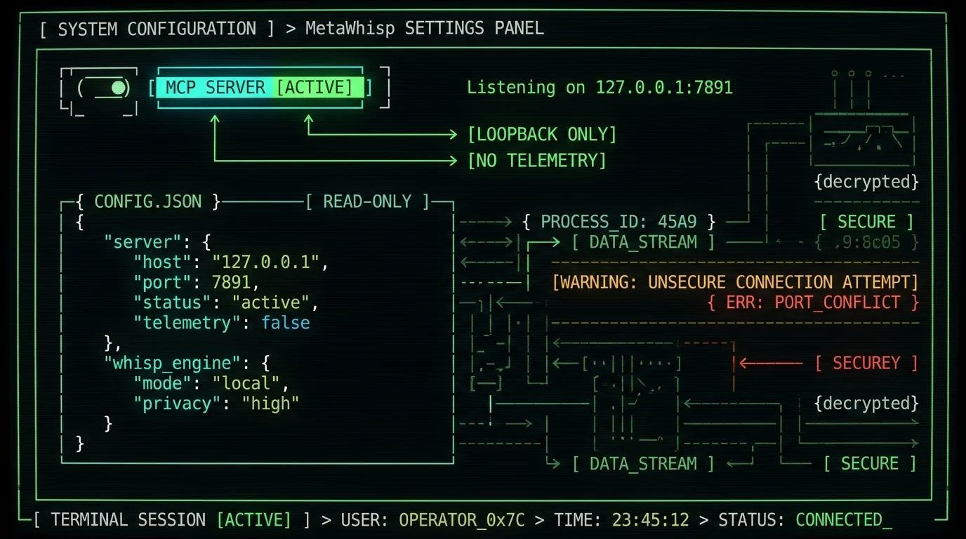 MetaWhisp MCP server settings panel showing the toggle, local URL, and config snippet