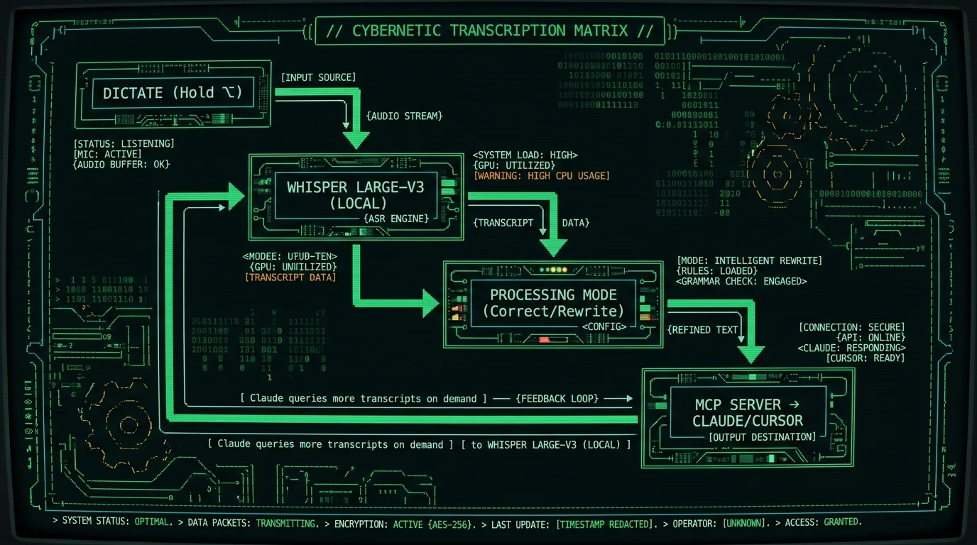 Workflow showing how MetaWhisp dictation flows through processing modes to the MCP server for Claude and Cursor queries