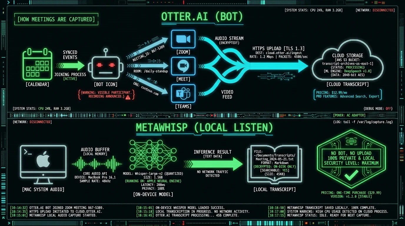 Diagram comparing Otter.ai bot joining a meeting and uploading to cloud versus MetaWhisp listening to Mac system audio locally with no bot for meeting transcription