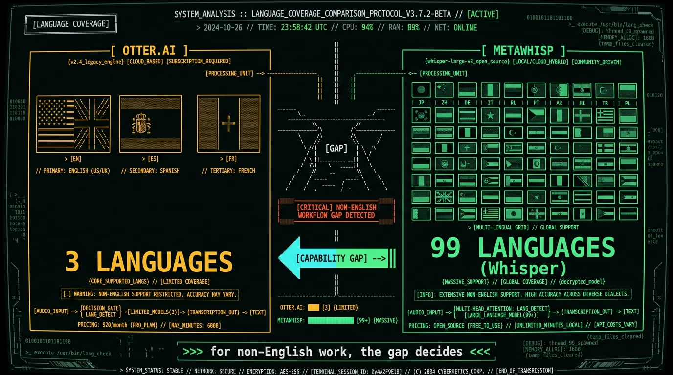 Language coverage comparison showing Otter.ai supports only English Spanish French while MetaWhisp supports 99 languages via Whisper for Mac transcription