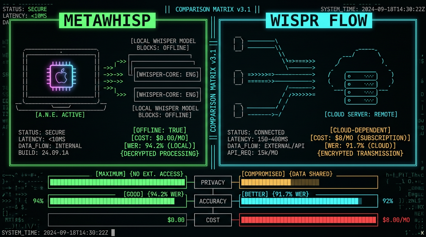 MetaWhisp vs Wispr Flow split-screen comparison diagram showing offline local processing versus cloud-based transcription