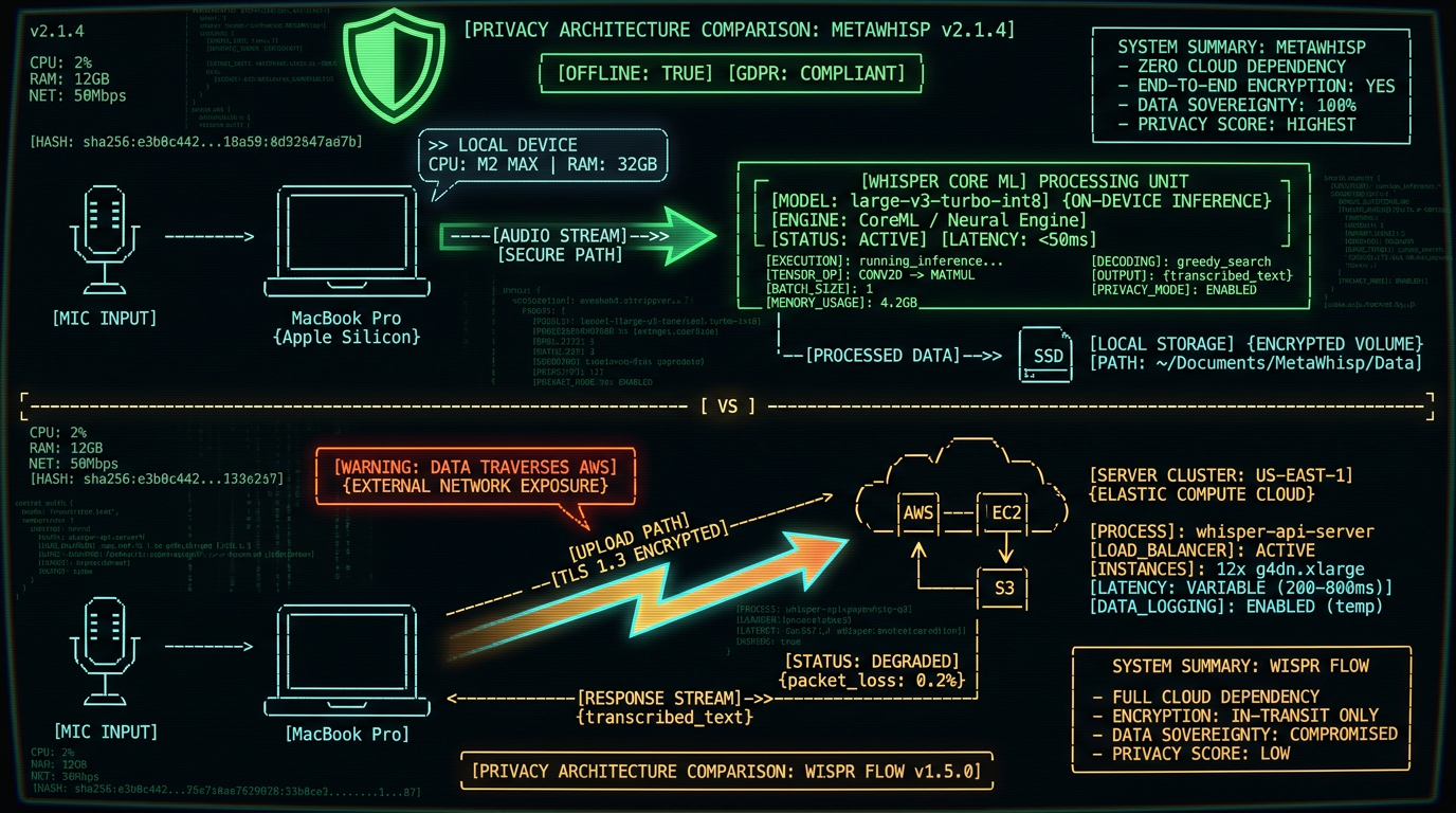 Privacy architecture diagram comparing MetaWhisp offline local processing versus Wispr Flow cloud-based audio upload and transcription