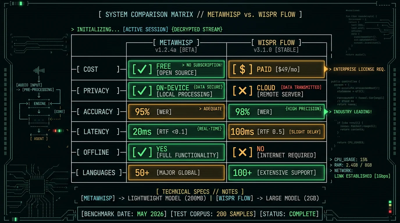 Feature comparison matrix showing MetaWhisp advantages in cost privacy accuracy latency and offline capability versus Wispr Flow cloud sync features