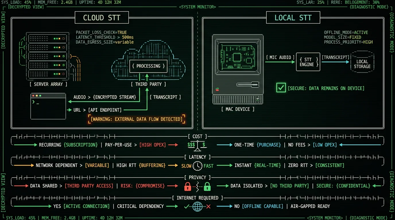Cloud STT vs local STT comparison schematic for Mac voice-to-text