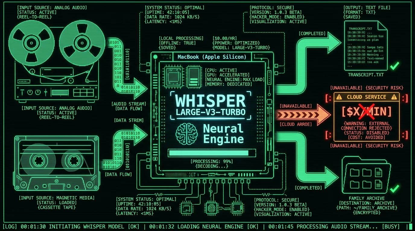 Schematic of local Whisper pipeline on Mac for transcribing oral history tapes free and offline