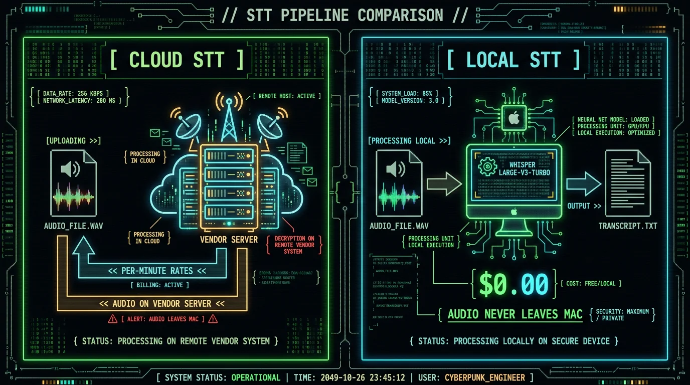 Cloud vs local voice-to-text cost and privacy comparison schematic for oral history transcription