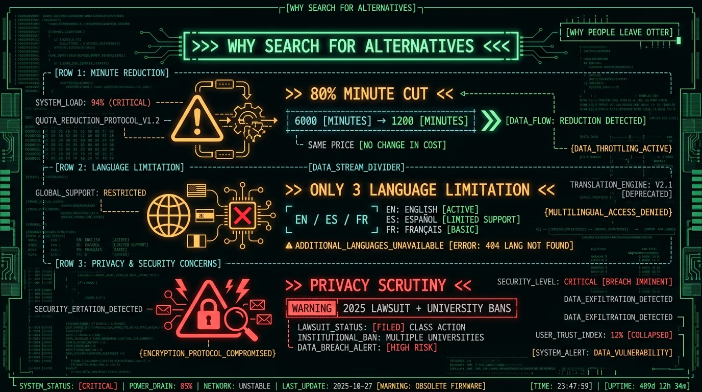 Three reasons people leave Otter.ai showing the 80 percent minute cut three language limit and 2025 privacy lawsuit with university bans