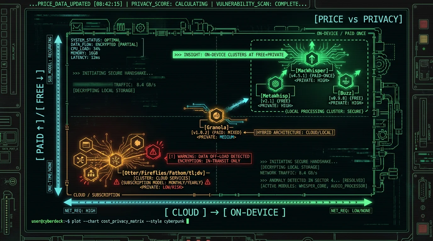 Quadrant of Otter alternatives by cloud versus on-device and free versus paid showing on-device tools cluster at free and private for Mac