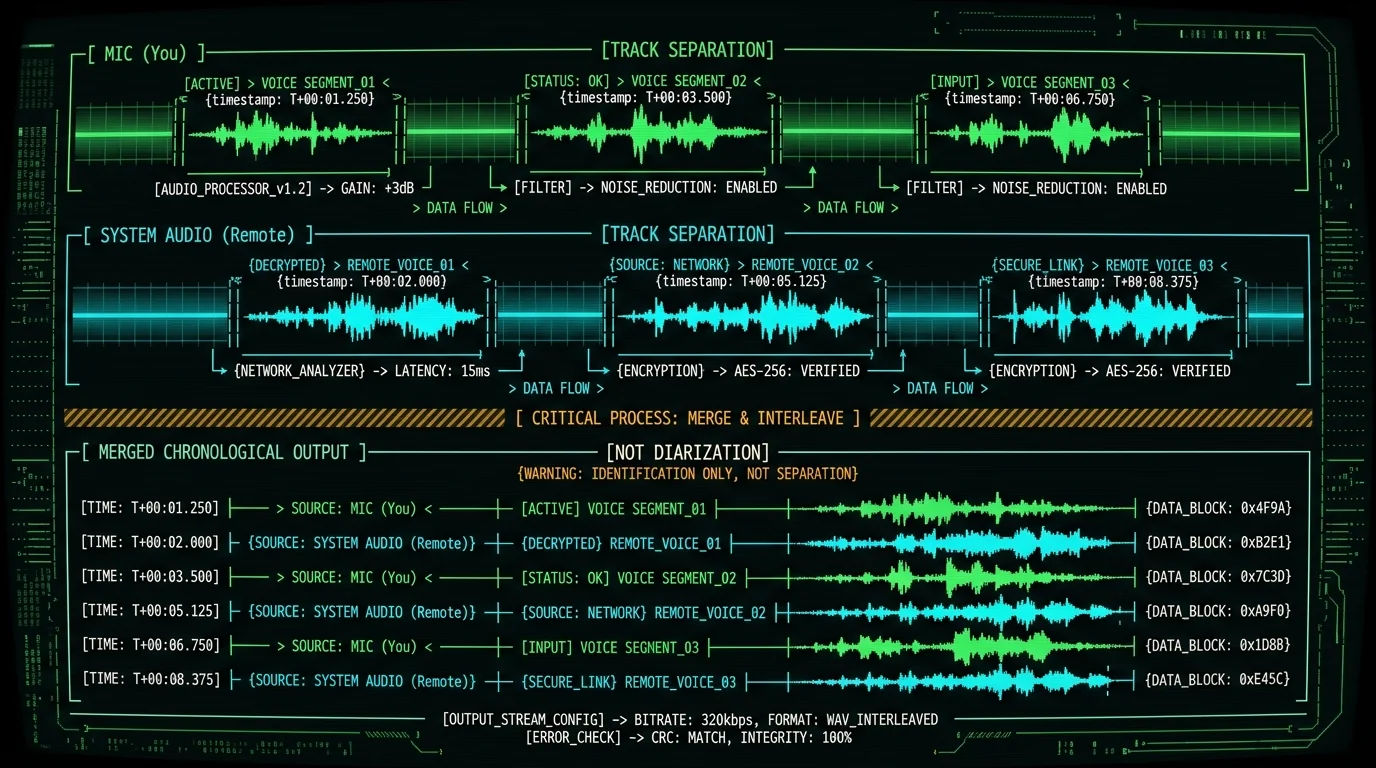 Diagram of track separation showing mic and system audio as separate labeled tracks in a transcript