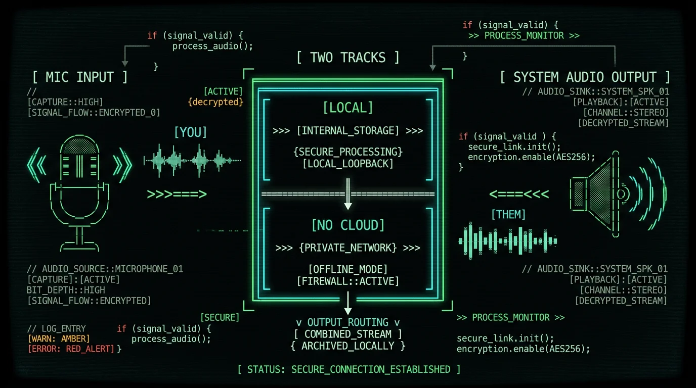Mic input versus system audio output as two separate tracks for call transcription on Mac