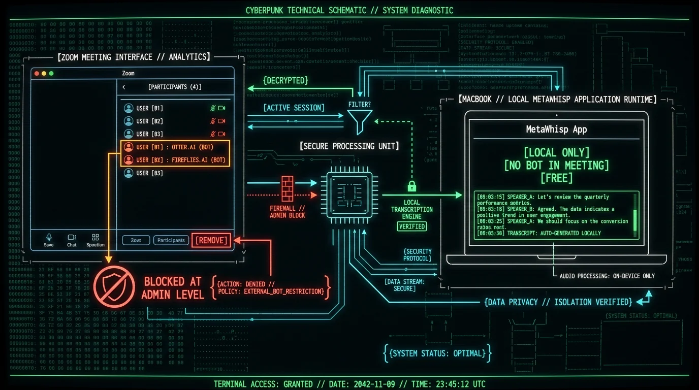 Cyberpunk schematic showing how to remove AI notetaker bots from Zoom meetings with local Mac capture alternative
