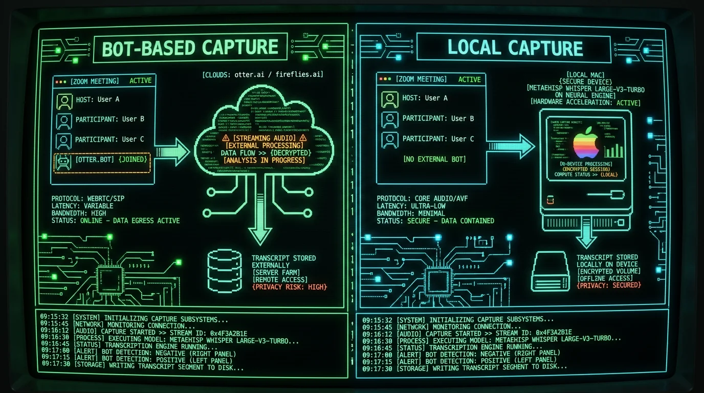 Side-by-side comparison of bot-based meeting transcription versus local on-device capture showing privacy and data flow differences