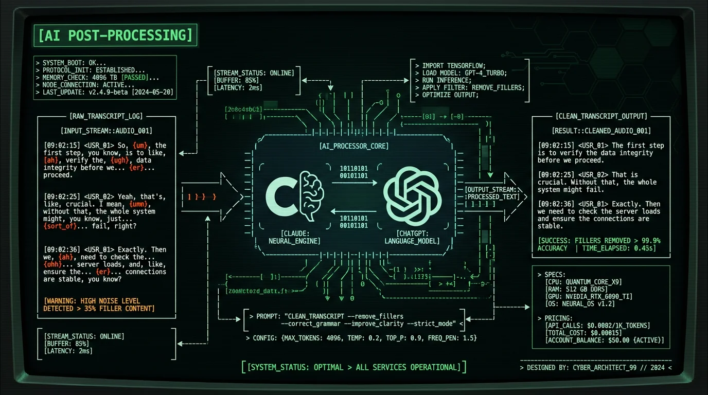 AI post-processing workflow diagram showing raw Whisper transcript flowing through ChatGPT or Claude with cleanup prompt producing filler-free transcript on Mac