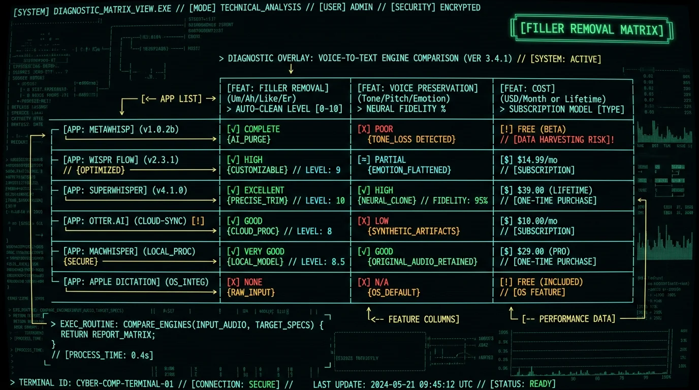 Mac voice-to-text apps filler removal comparison matrix showing MetaWhisp Wispr Flow SuperWhisper Otter MacWhisper Apple Dictation built-in cleanup capabilities