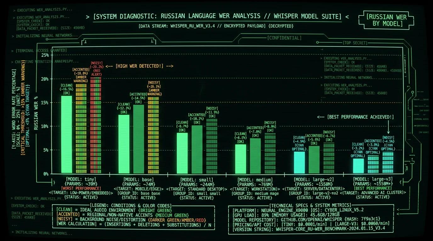 Russian word error rate WER comparison bar chart across Whisper tiny base small medium large-v3 large-v3-turbo models on Mac for clean accented and noisy audio