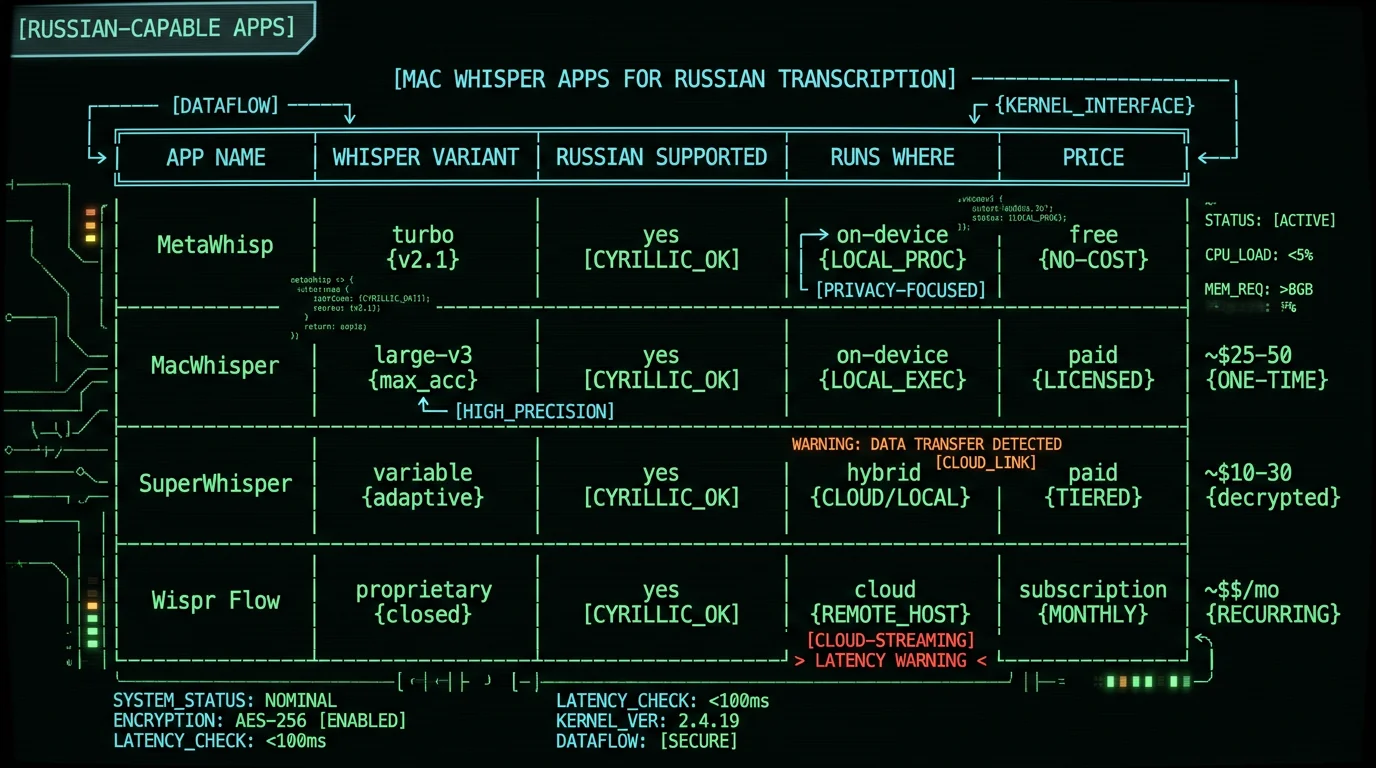 Mac Whisper apps comparison table for Russian voice to text showing MetaWhisp MacWhisper SuperWhisper Wispr Flow features and pricing for Russian dictation users