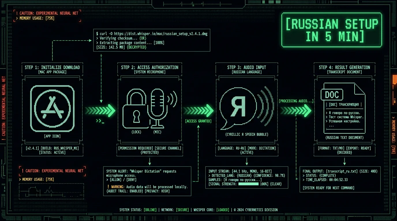 Four-step setup flow diagram for Russian voice to text Whisper dictation on Mac showing download grant microphone speak Cyrillic and receive transcript stages