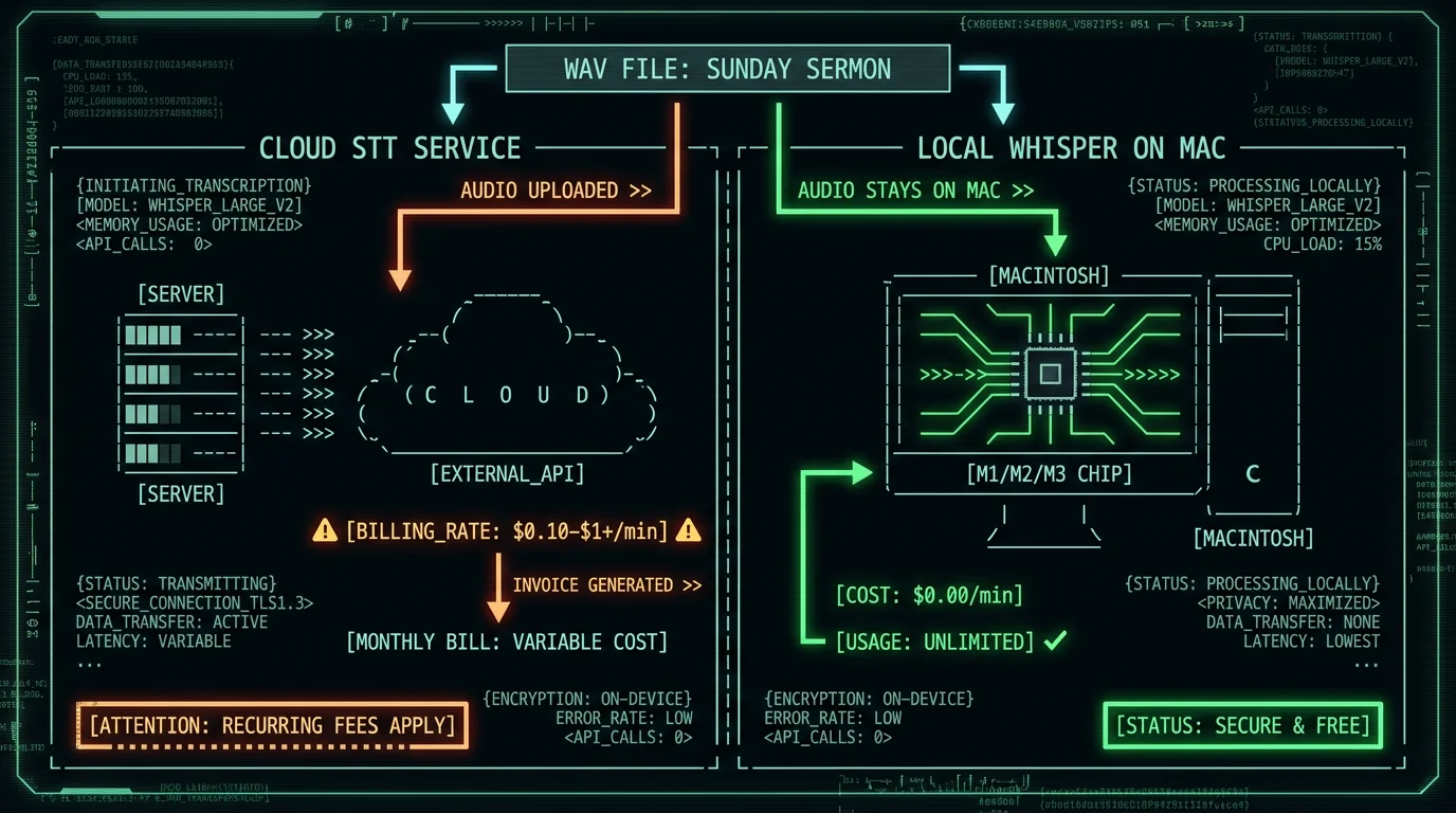 Cloud vs local Whisper cost comparison schematic for sermon transcription services