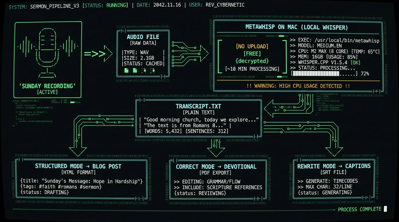 Sermon-to-blog workflow schematic showing local Whisper pipeline on Mac