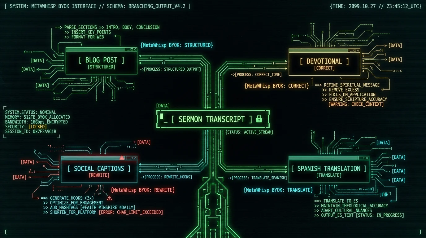 Branching diagram showing one sermon transcript becoming multiple content outputs